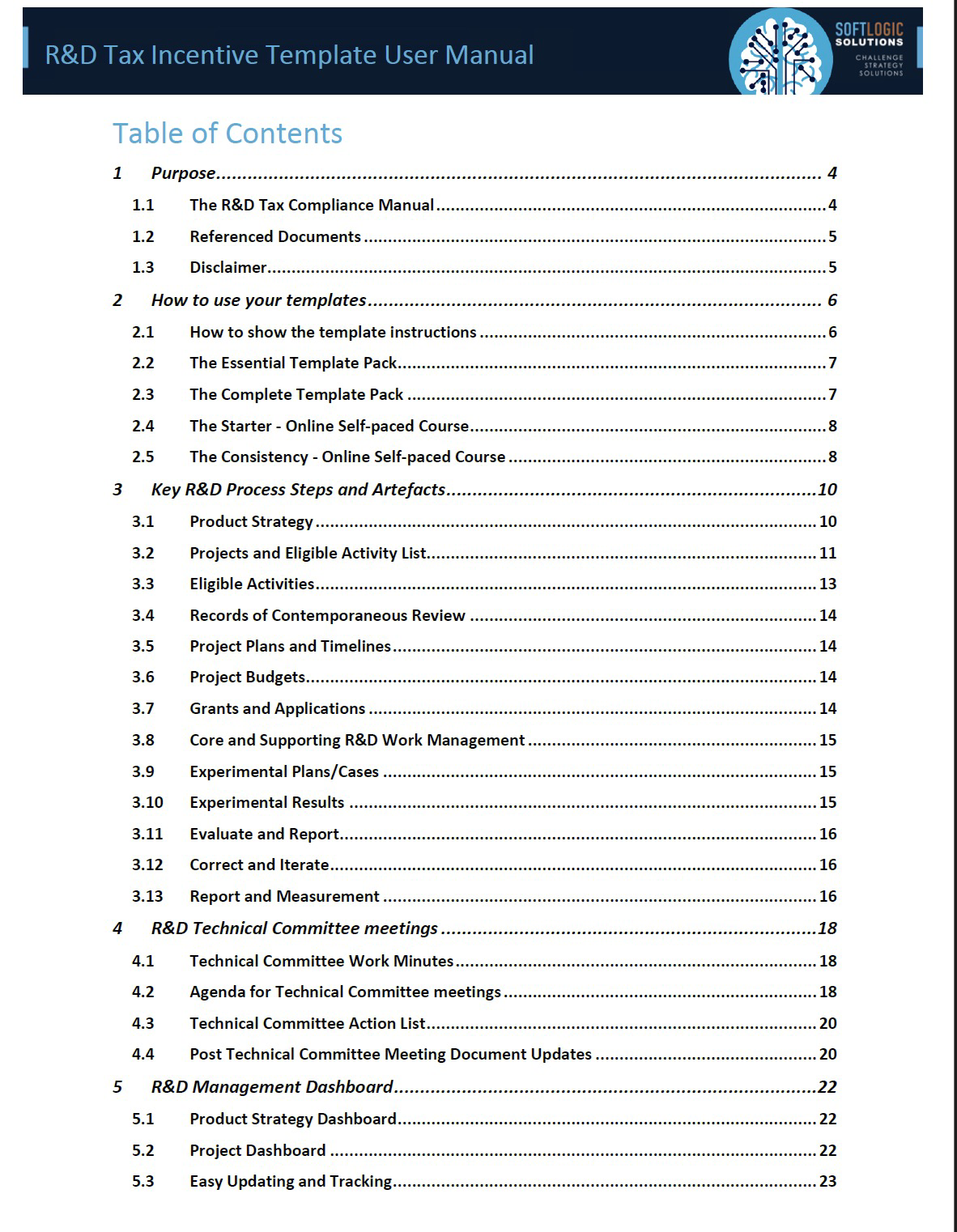 R&D Tax Incentive Template User Manual — Table of Contents